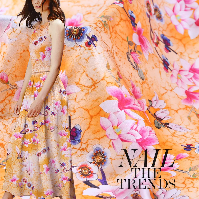 

19 Summer Charmeuse Fabric 93%silk 7%spandex 108cm Wide 19momme Yulan Digital Printed Fashion Cloth for Diy Sewing Dress Sale