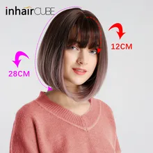 Inhair Cube 10 Inches Bob Synthetic Flat Bangs Women Wig Ombre with Highlight Short Straight Hair Wig Cosplay Hairstyle dull rayon short side bang straight highlight pixie synthetic wig