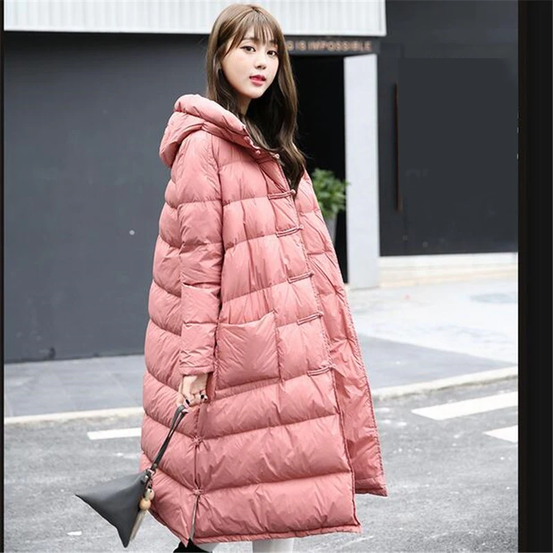 Winter New Women Coat Long Down Jacket Loose Parka Hooded Big Yards High Quality White Duck Down Girls Jacket Outerwear Q830 Winter New Women Coat Long Down Jacket Loose Parka Hooded Big Yards High Quality White Duck Down Girls Jacket Outerwear Q830