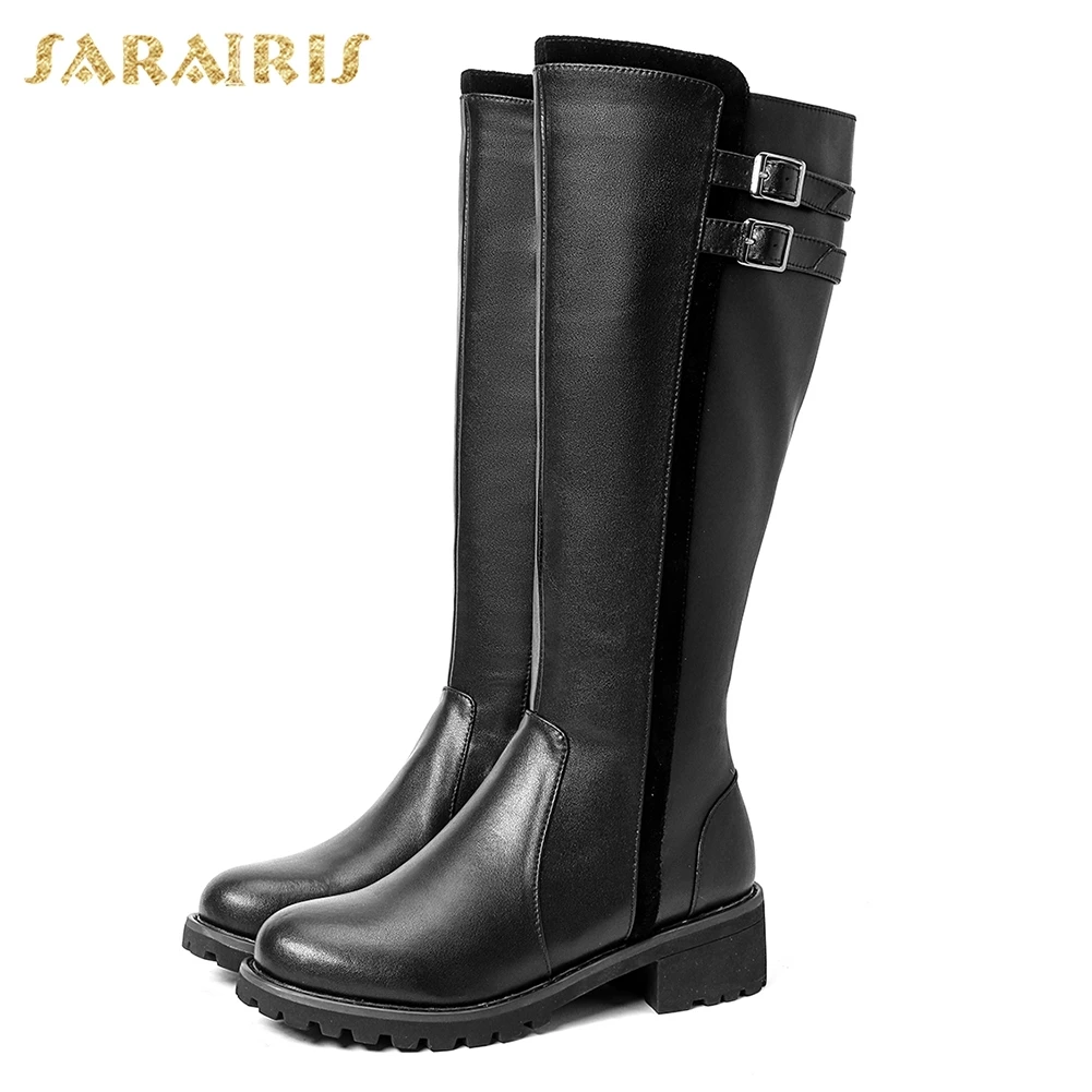 

SARAIRIS New genuine Cow Leather Large Size 34-43 Zip Up Spring Autumn Boots Woman Shoes Square Heels riding Boots Shoes Woman