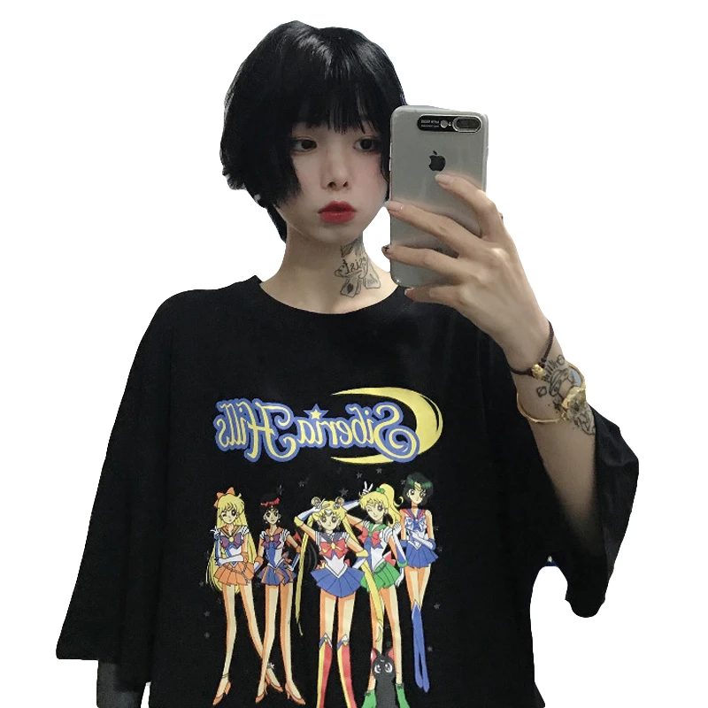 Poleras Mujer женская одежда корейский стиль Ulzzang Harajuku уличная Сейлор Мун Футболка женская Повседневная белая футболка Топы