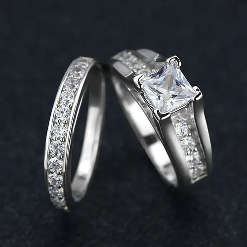 Genuine 925 Sterling Silver Wedding Engagement His Her Wedding Ring Sets 2pcs (JewelOra Ri100499)