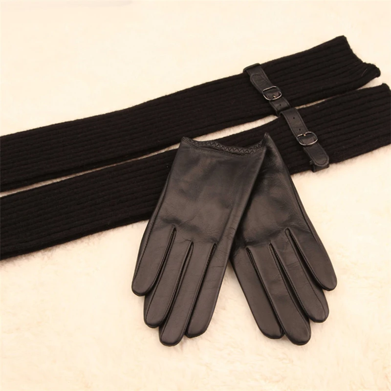 2019 New Women's Genuine Leather Gloves Female Two-Pieces Fashion Black Sheepskin Gloves Wool Knitted Sleeve L137NN-1 2019 New Women's Genuine Leather Gloves Female Two-Pieces Fashion Black Sheepskin Gloves Wool Knitted Sleeve L137NN-1
