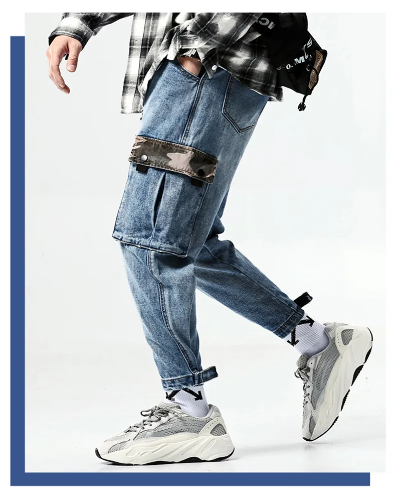 Fashion Loose Men's Cargo Pants Vintage Washed Man Multi-Pockets Jeans Patchwork Big Pockets Distressed Beam Feet Denim Trousers (8)