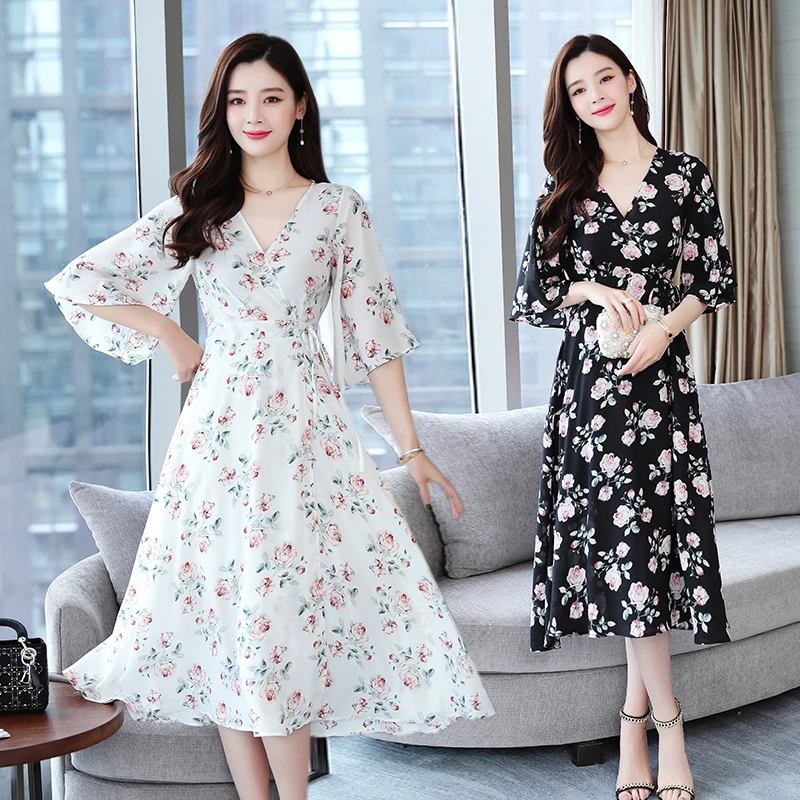 

Summer Women Chiffon Floral Print Dress White Long Lady Elegant Beach Korean Vacation Midi Dress Black Vintage Runway Vestidos