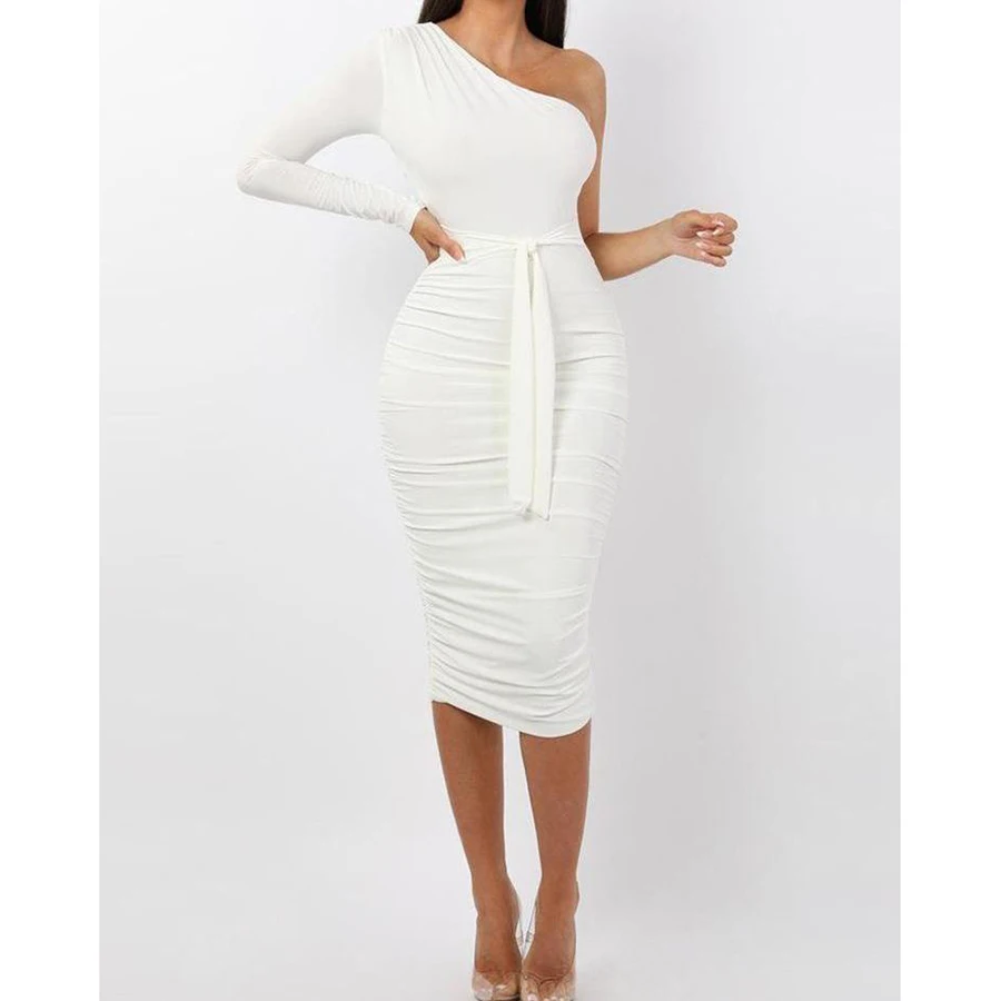 

LoneLinecc2019 new sexy shoulder strap solid color belt women's elegant fashion party dress