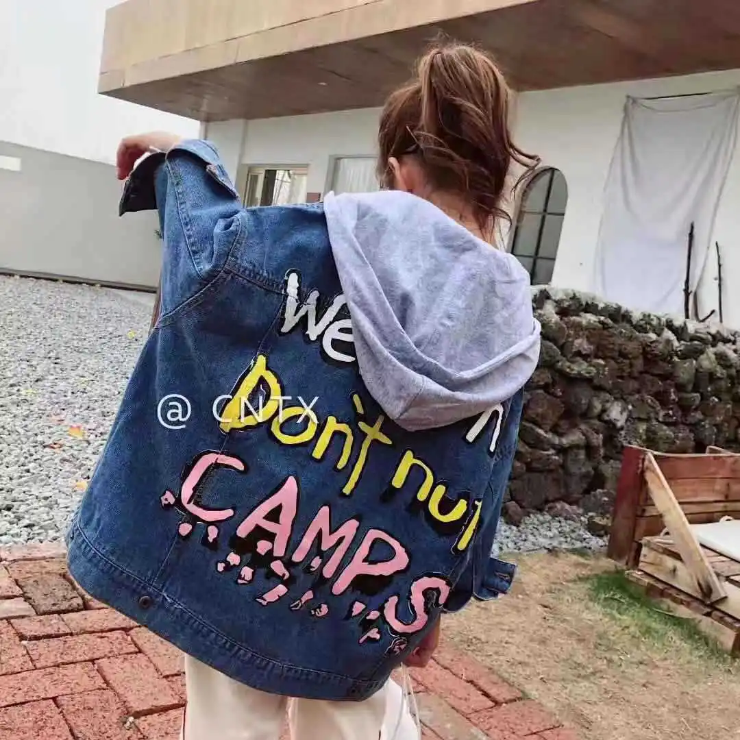 

Children's wear children's jacket 2019 spring new boys and girls letters graffiti hooded denim coat loose jacket