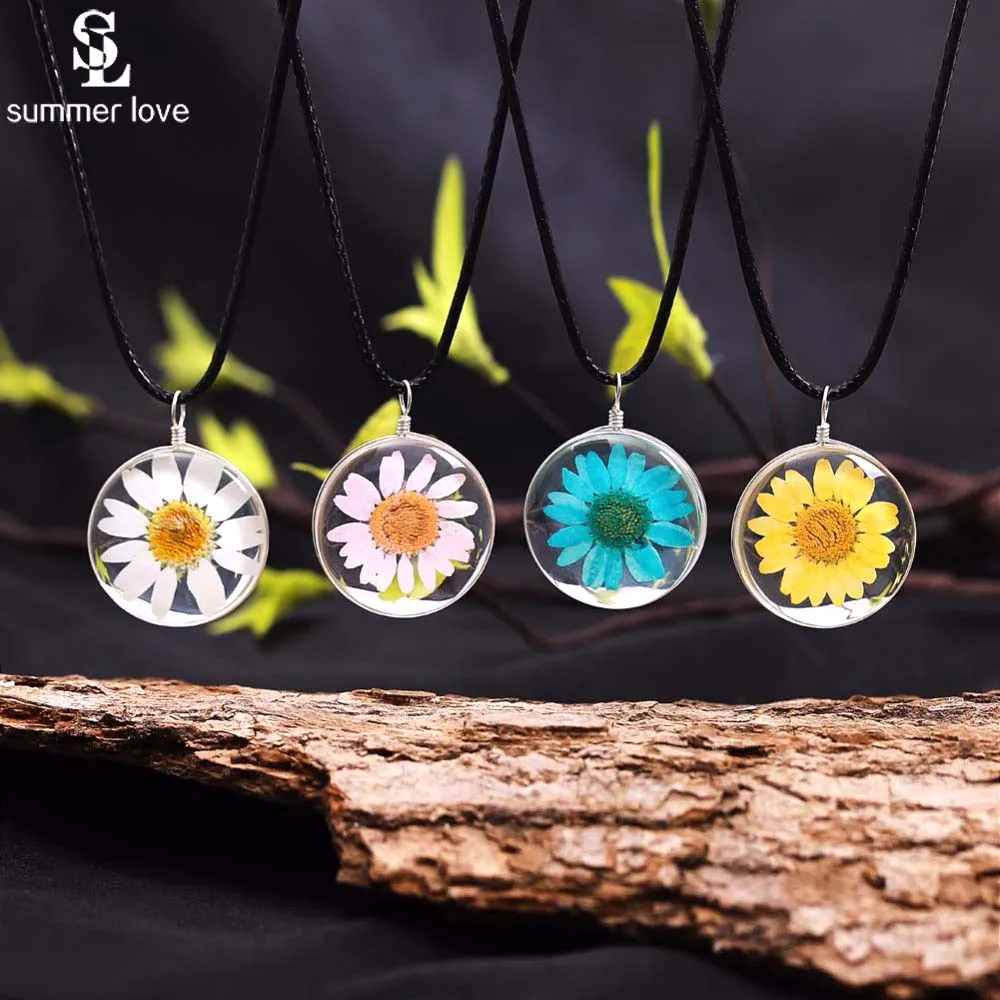 

2019 Fashion Sweet Cute Dried Flower Pendant Necklace for Women Girl Transparent Round Glass Necklaces Choker Kid Jewelry Gift