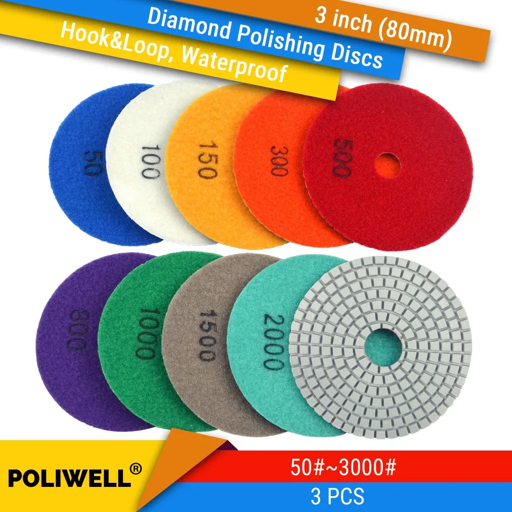 

3PCS 3 Inch(80mm) Diamond Hook&Loop Round Waterproof Grinding Discs For Granite Stone Concrete Marble Wet/Dry Polishing