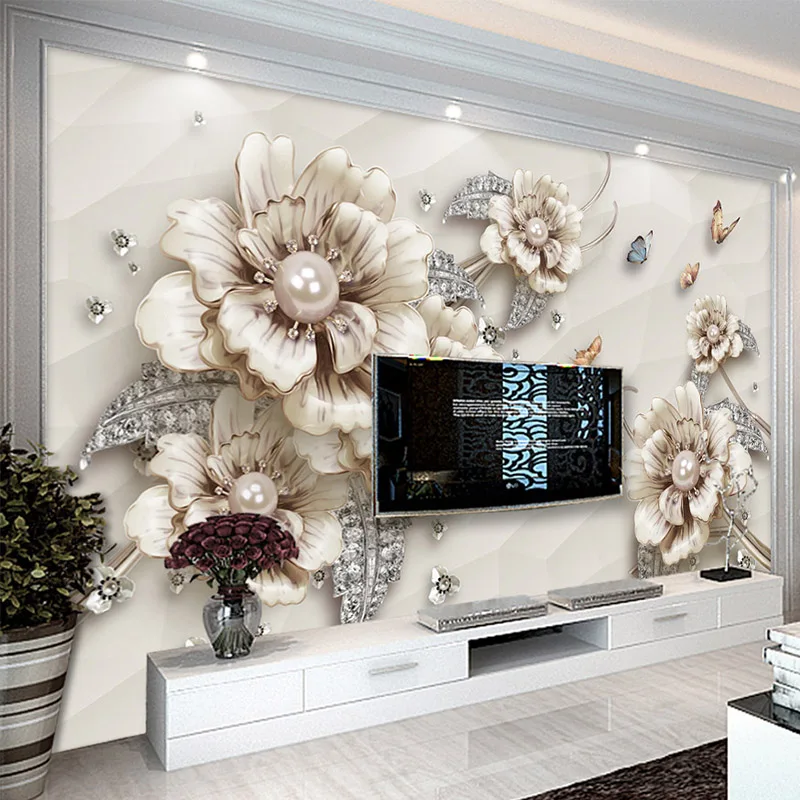 

Custom Wall Cloth European Style 3D Stereo Jewelry Flower Photo Murals Wallpaper Living Room TV Luxury Background Wall Paper 3 D
