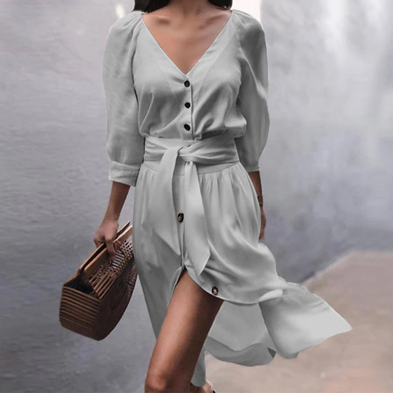 

Solid V-Neck Lace-Up Half Sleeves Dresses Women Summer Casual Mid-Rise Breathable Vintage Ladies Party Dress Sexy Fashion New