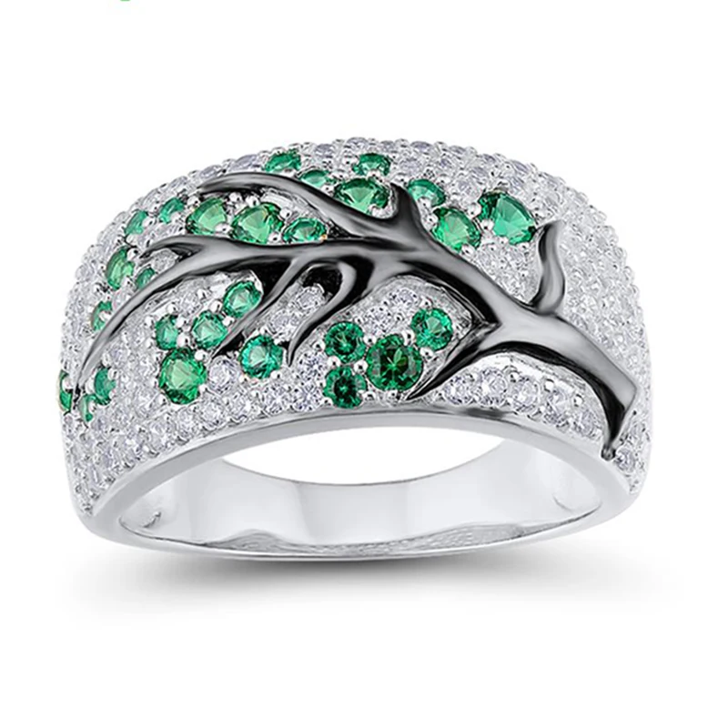 

Luxury Silver Color Plum Flowers Tree Branch Plant Pattern Rings For Women Men Blossom Paved Red Green Rhinestone Ring Z3M171