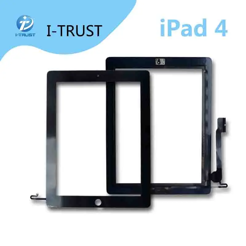 20 PCS/ LOT Screen Digitizer for iPad 4 complete with home button and Adhesive touch screen glass assembly for iPad 4