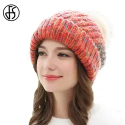 FS Pom Hat Женская зимняя шапка с шариком вязаная шапка шапки бэги для девочек шапки вязаные толстые теплые женские кепки s Chapeau Femme