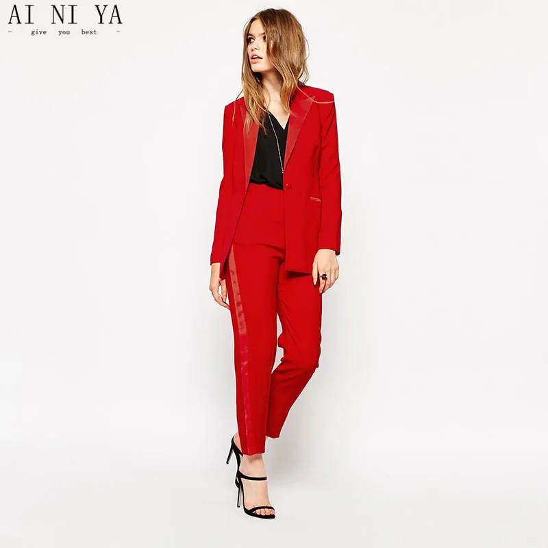 Two Piece Sets Red Formal Pant Suit Slim Uniform Design Women Business Suits Blazer For Work Autumn Wear Female Trouser Suit