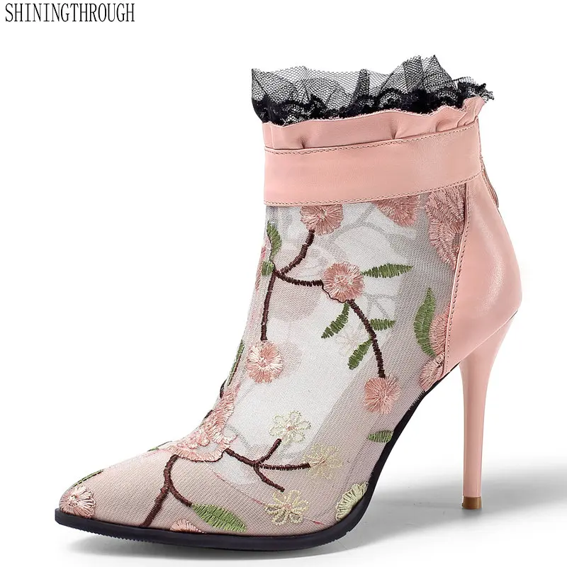 

Lace Shoes Ankle Booties Pink Summer boots flower Mesh Bridal Wedding Boots 9cm thin High Heel shoes woman Big Size 42