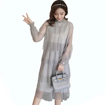 

2019 New Maternity Elegant Ruched Lace Nursing Dress Pregnant Women Casual Dot Cake Dress Mesh Patchwork Pregnancy Clothes Q620