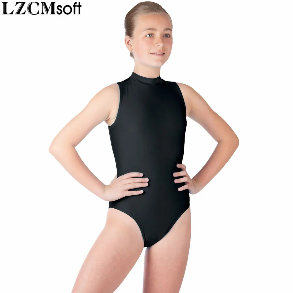 

LZCMsoft Child Spandex Sleeveless Leotards For Gymnastics Girls Black Dance Ballet Leotards Tops Back Zipper High Neck Leotard