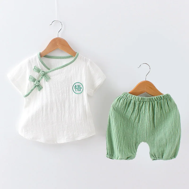 Комплекты одежды в китайском стиле для маленьких девочек и мальчиков, Детская льняная однобортная футболка+ однотонные шорты, 2 предмета в комплекте, удобный костюм