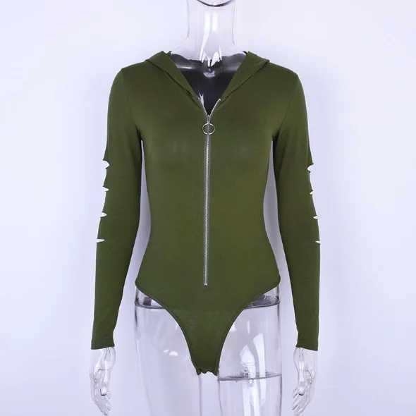 olive jumpsuit Армейский зеленый Боди стринги высоким вырезом комбинезон застежка молния боди ноги Для женщин с длинным рукавом тело с капюшоном боди с капюшоном ползунки мода - Цвет: olive jumpsuit