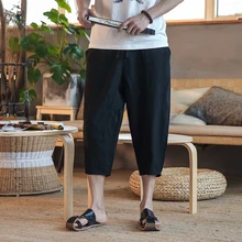 Шорты с эластичной резинкой на талии в китайском стиле, свободные мужские брюки, новые летние льняные мужские повседневные брюки длиной до икры