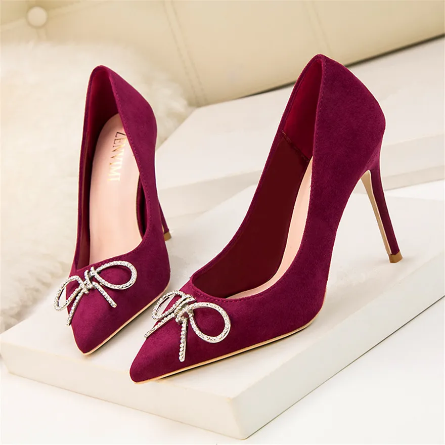 

Bling Crystal Bowknot Women Shoes New Autumn Pointed Toe Fashion Women Pumps Shallow Flock High Heel Office Shoes Black Wine Red