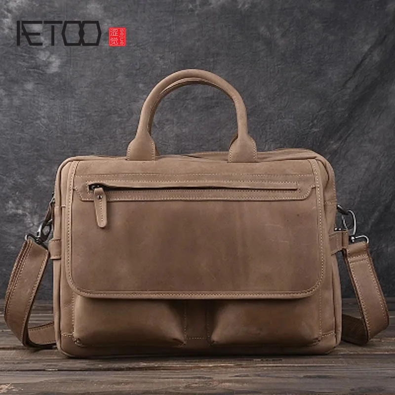 

AETOO Men's Handbag Vintage Leather Computer Bag Large Capacity Travel Bag Shoulder Messenger Bag Briefcase Leather Men's Bag