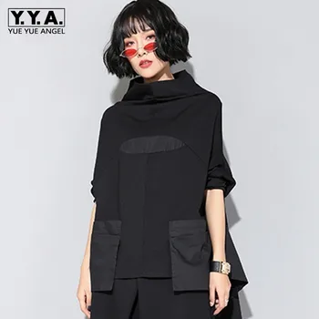 

High Street New Brand Women Pullover Batwing Long Sleeve Patchwork Tuxedo Top Shirt Asymmetrical Streetwear Loose Female T-Shirt