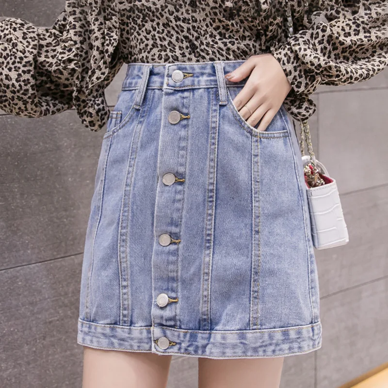 

Summer Fashion Women Single Breasted High Waist Retro Slim Casual Denim Jeans Skirts