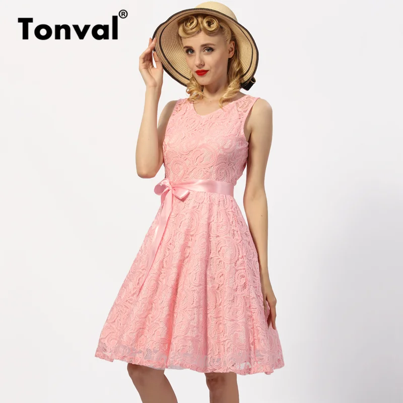 Tonval Plus Size 3XL Floral Lace Vintage Summer Dress Women White Retro Tunic Dresses A Line Party Elegant Dress