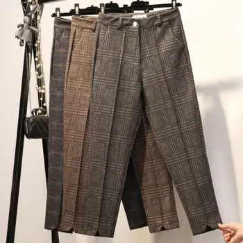 

winter women lattice casual harem pants ankle length fashion woolen trousers high waist casual Radish pants plus size