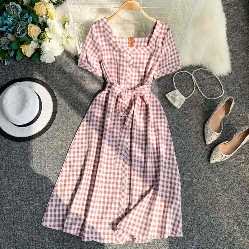 

NiceMix Women 2019 Spring Square Collar Short sleeve Slim Waist Dress Female Summer Single button Retro Plaid Long Dress Ladies
