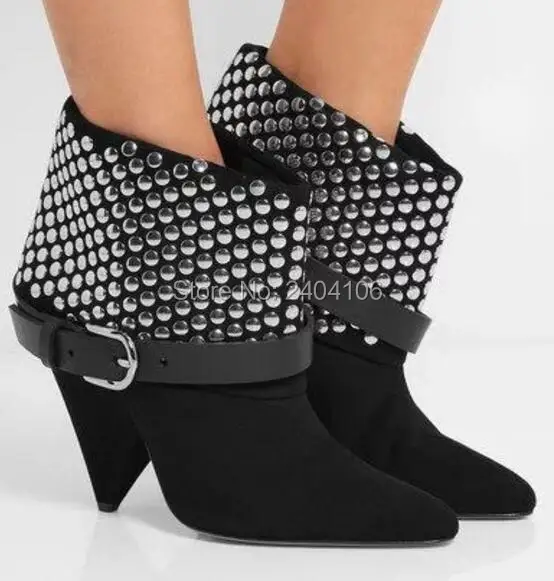 US $77.39 30% OFF|Promi stil Otway Leder Getrimmt Mit Nieten Wildleder Stiefeletten Schnalle Schwarz Booties Spike Heels Nietschuhe Frau Botas in US $77.39 30% OFF|Promi stil Otway Leder Getrimmt Mit Nieten Wildleder Stiefeletten Schnalle Schwarz Booties Spike Heels Nietschuhe Frau Botas in