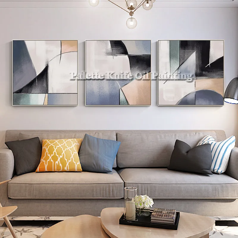 3 pieces Geometric Splicing Abstract Artistic Works Oil Painting on Canvas Wall Decor Quadros Cuadros for Room Decoration