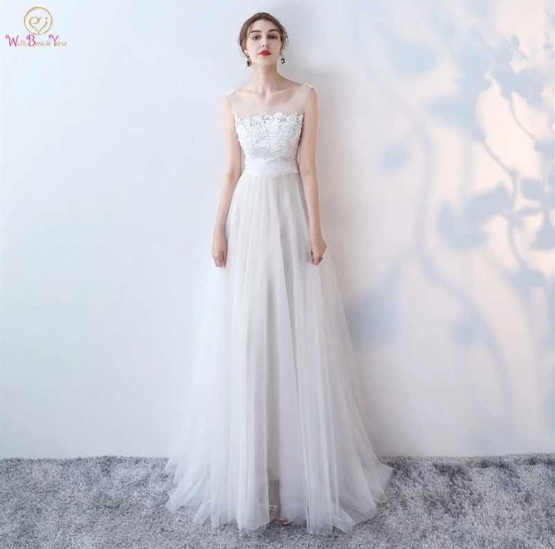 

2019 White Evening Dress A Line Soft Tulle Lace Top Elegant Princess Dress Simple New Spring Prom Party Gown Hot Sale Style