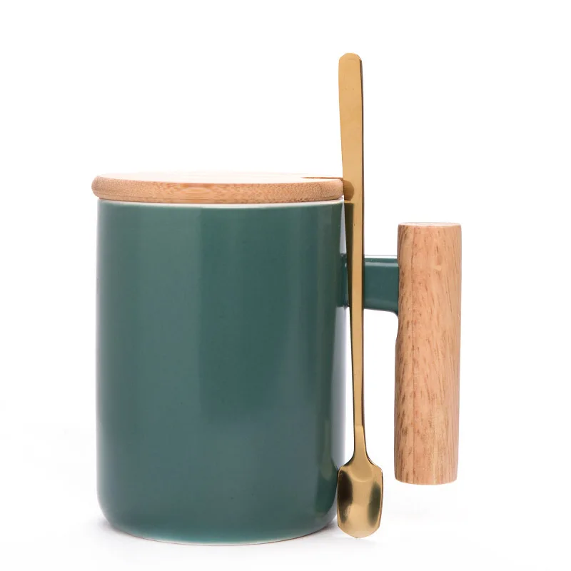 

Brief ins Nordic mugs creative wood handgrip ceramic coffe cup with wood lid spoon Hot selling coffee mugs in office and home