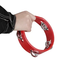 6 Inch Handheld Wooden Tambourine Hand Bell Percussion Musical Toy Single Row Metal Jingles Red for Party Kids Games