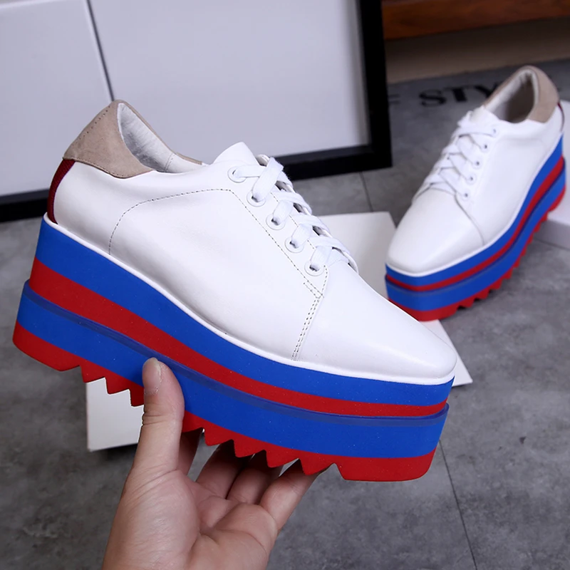 

Hot Flat Platform Spring Summer Shoes Woman Lace Up Leather Flats Design Square Toe Mixed Color Increasing Flats Superstar Shoes