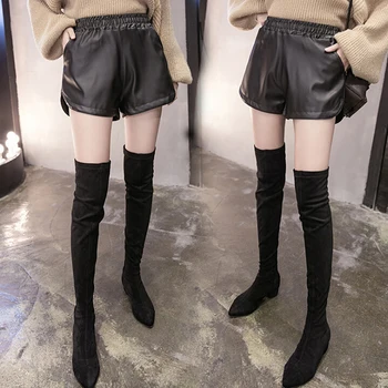 

Women Summer Autumn Casual Black PU Leather Shorts With Pockets Loose Shorts Plus Size