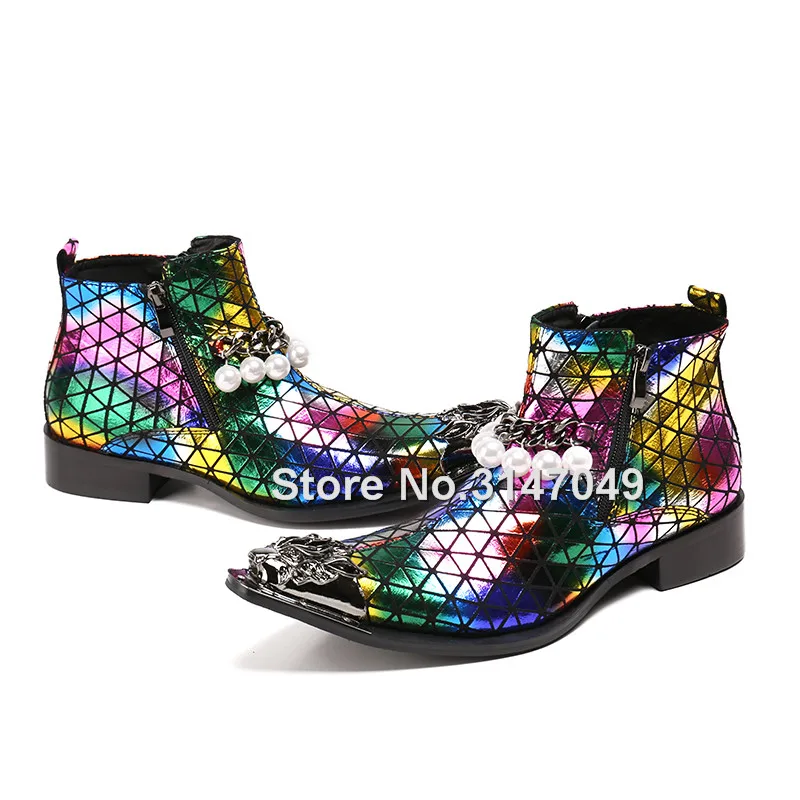 De Pearl Couro Colorido Festa Pearl Homens With Zíper Vestido Dos Dedo Tornozelo Apontado Moda Inverno Decoração Botas Pérolas Sapatos Pé Cadeia no Metal Do 5w6U1a4q