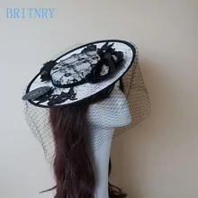 BRITNRY реальные фотографии Свадебная шляпа черная кружевная винтажная Свадебная шляпа женская шляпа с цветком для вечеринки с тюлем свадебные аксессуары