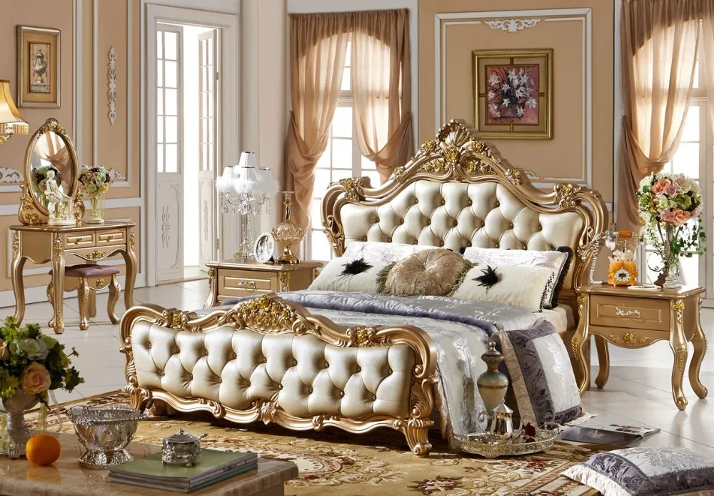

Champagne French Luxury Solid Wood Bed, Rose Gold European Royal Court Carving Leather Bed Solid Wood Queen King Size bed MB-A05