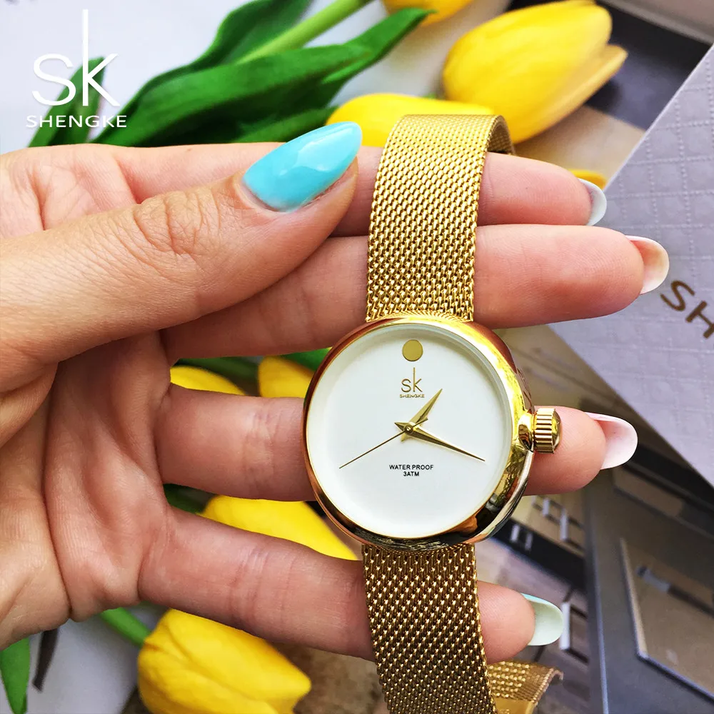 Beste Shengke Nieuwe Mode Dames Quartz Horloges Top Merk Horloge Roestvrij Stalen Gaas Riem vrouwen Klok Luxe Goud Vrouwen Horloges 2017
