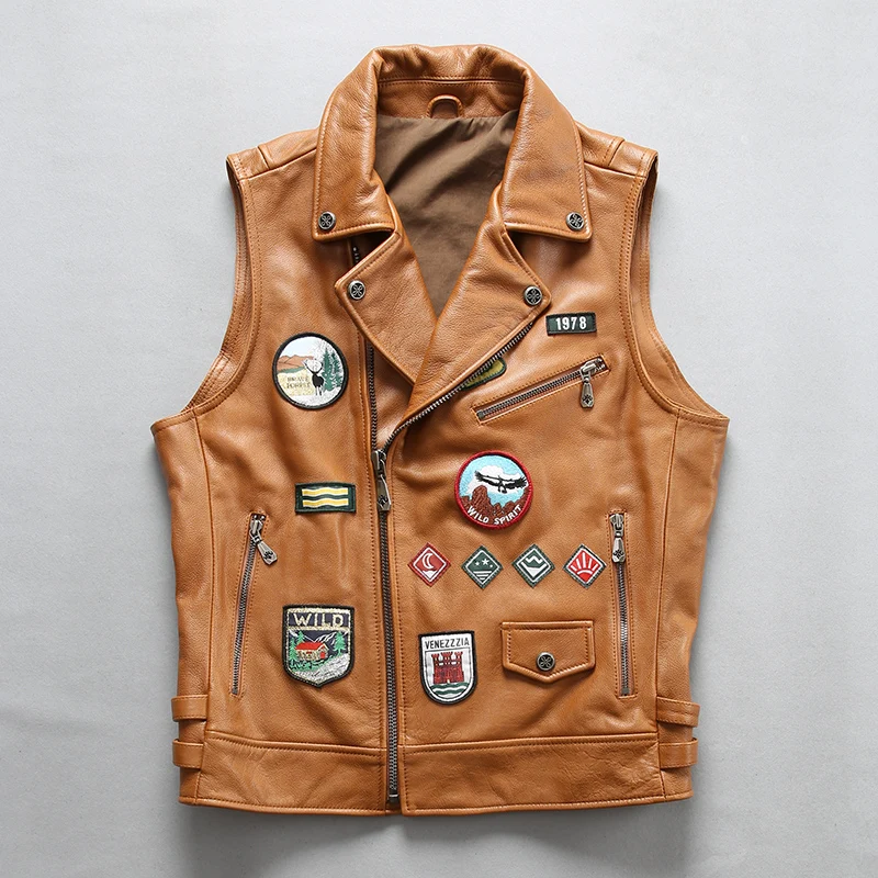 Blog 22083 Read Description! Asian size good quality Cow skin vest men's cowhide leather stylish patch & embroidery vest
