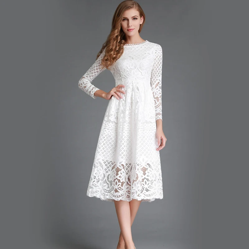 

Long Sleeve Dress Women Elegant Sexy Hollow Out Black White Lace Dress Female Vintage A-Line Party Dresses 2019 Autumn GRNSHTS