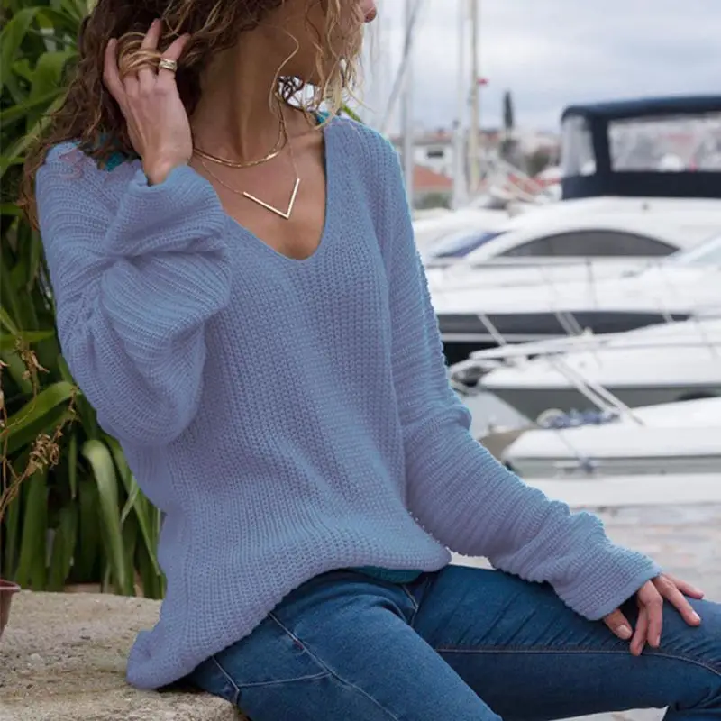 

Sexy V-neck Women Long-Sleeved Loose Sweater Autumn Winter Sweater Casual Pullovers