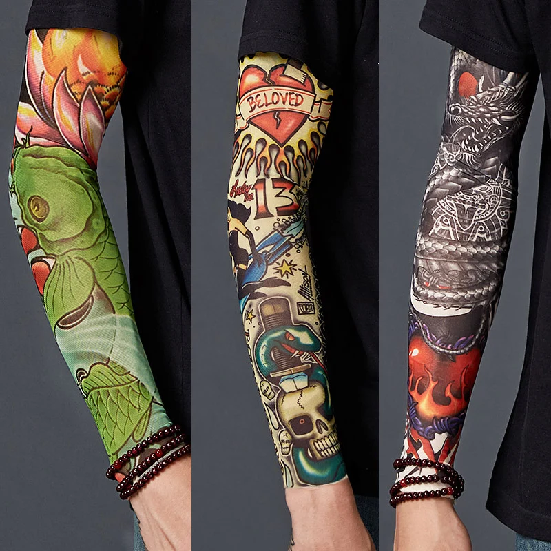 

Men Unisex Fashion Arm Warmer Stretchy Fake Temporary Tattoo Sleeve Sun Protection Outdoor Cycling Elastic Nylon Sleeves 1Pair