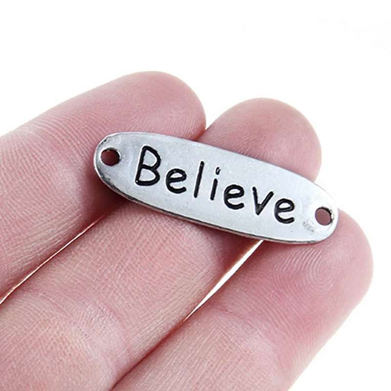 

TJP 10pcs Antique Silver Tone BELIEVE Oval Connectors Charms Pendants Beads for Necklace Bracelet Jewelry Making Findings 32x11m