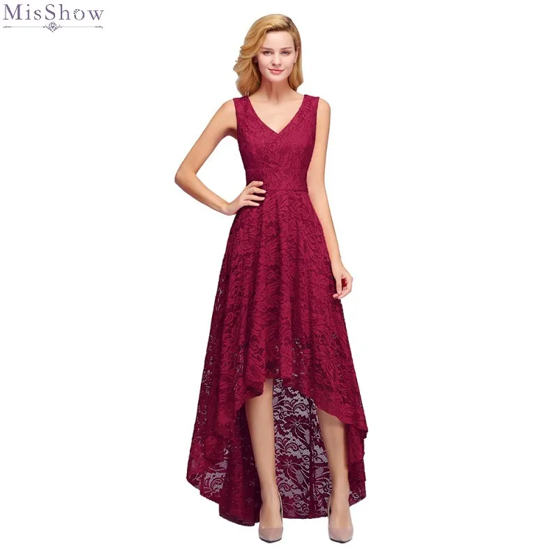 

2019 High Low V Neck Lace Women Long Dress Sleeveless Summer Beach Dress Elegant A line Vintage Party Dress Size S-4XL