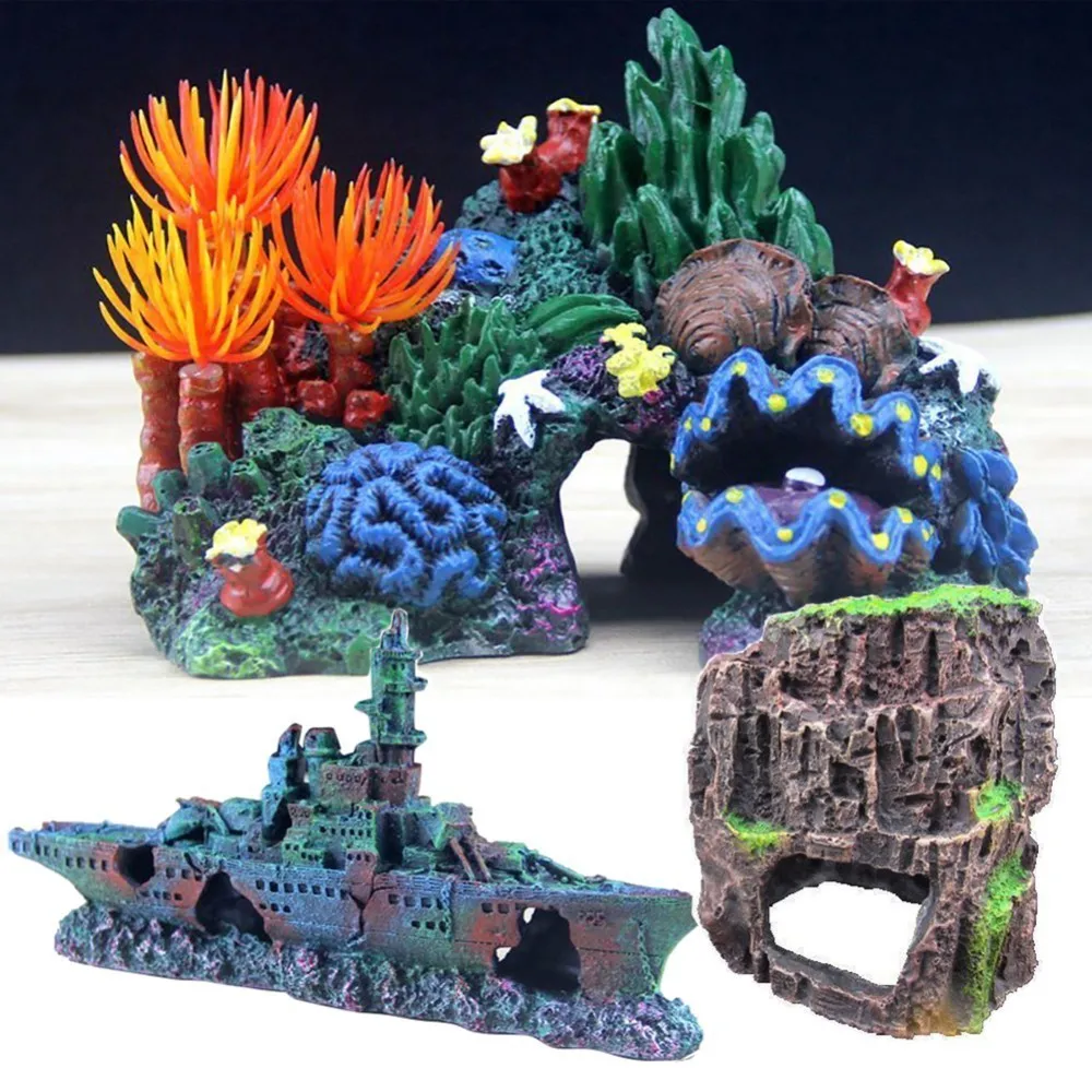 

Aquarium Artificial Coral Conch Shell Rockery Ship Wreck Background Ship Wreckage Fish Tank Sink Wood Fish Escape Hole